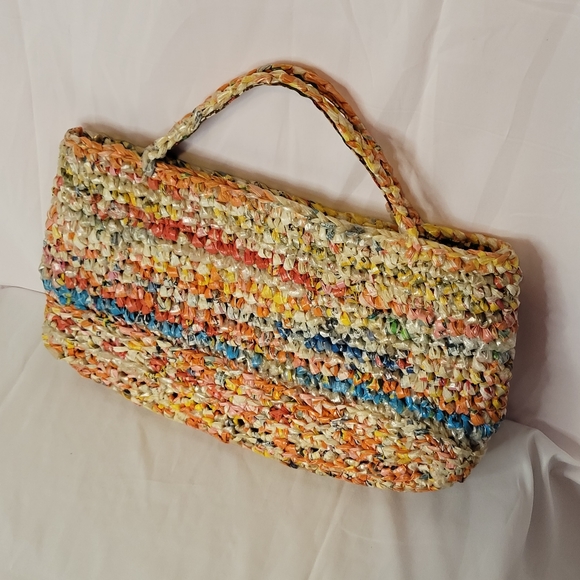 Vintage Handmade plastic bag mini tote bag fabric lined upcycled repurposed - Picture 9 of 10